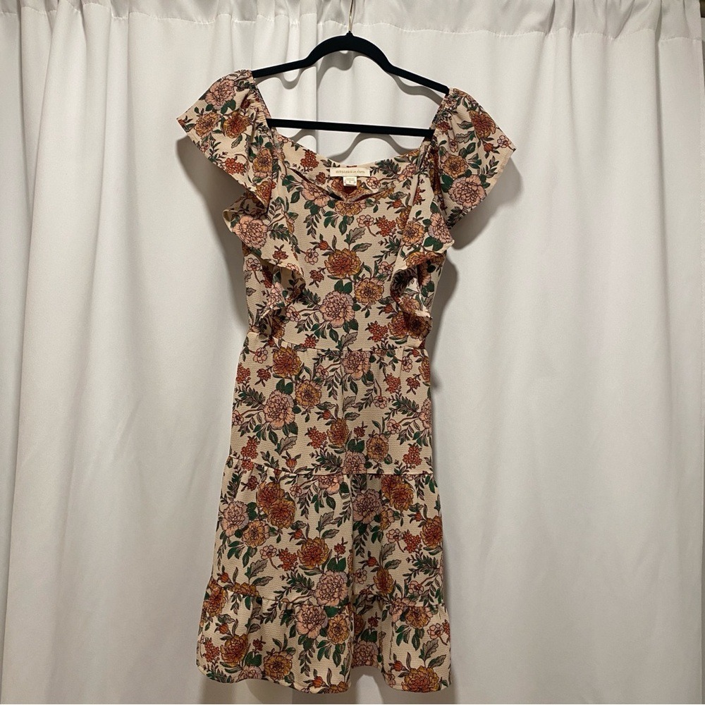 Monteau Los Angeles Women's Dress Size S Beige‎ Floral Flutter Sleeve Mini Y2K